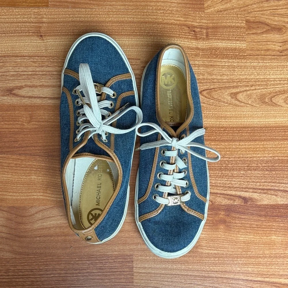 Michael Kors Blue and Brown Denim Lace-Up Sneakers Designer Logo Women's 9M 9